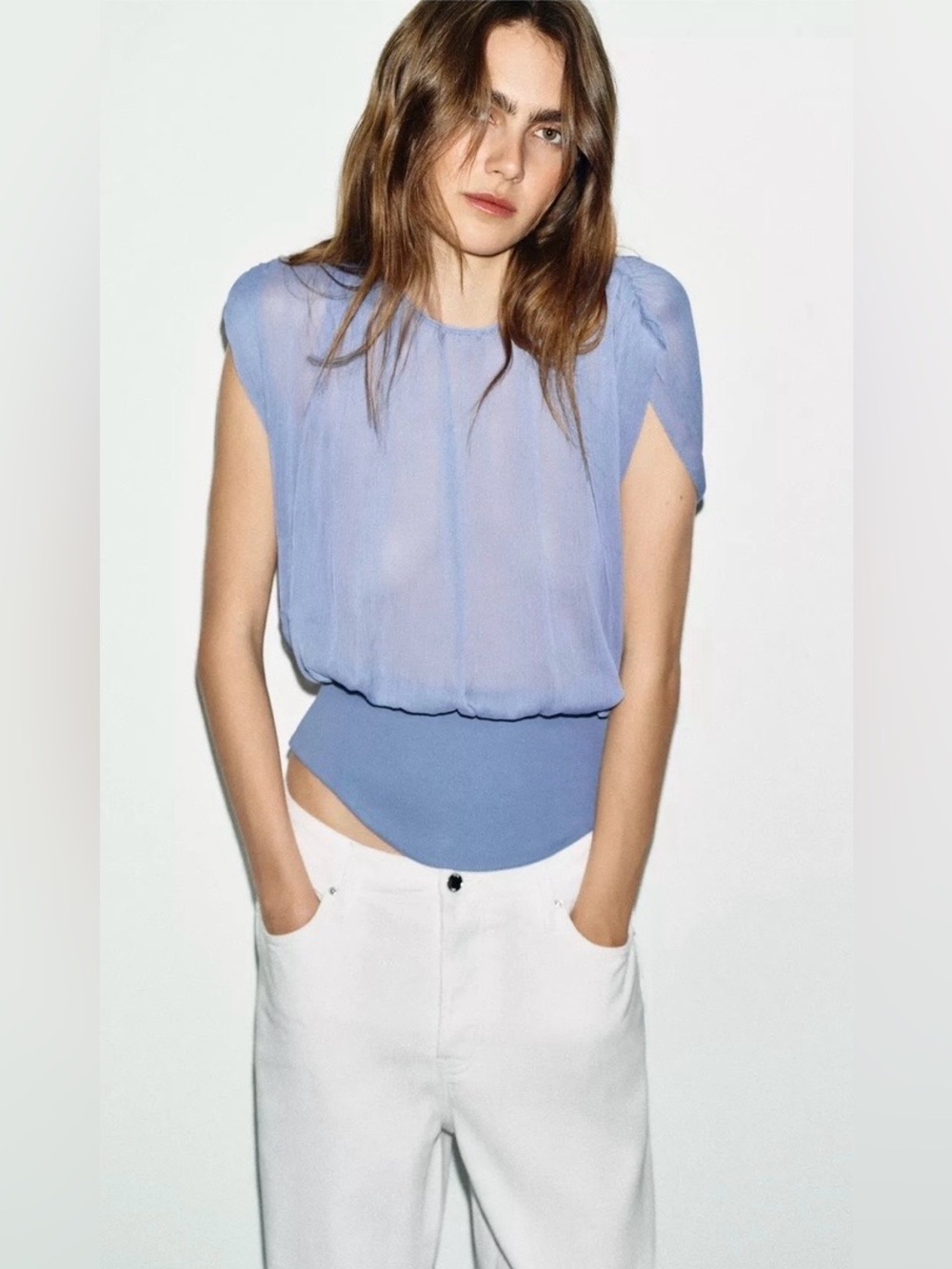 Zara NWT Blue Sheer pleated Blouse Dolman Sleeve Fitted Waist Top
